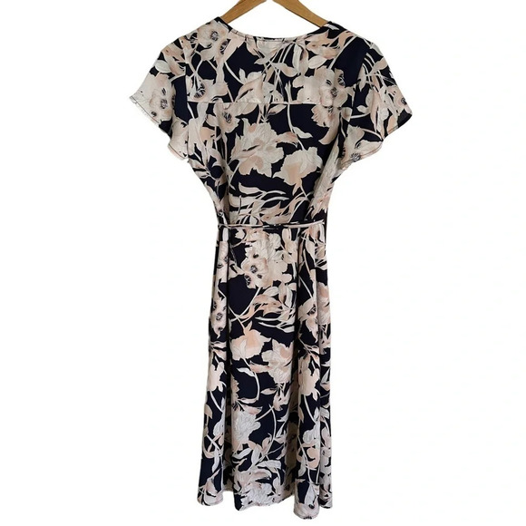 NWT Leith Nordstrom Women’s Small Floral True Wrap Dress Navy Pink Wedding Midi - Picture 4 of 6